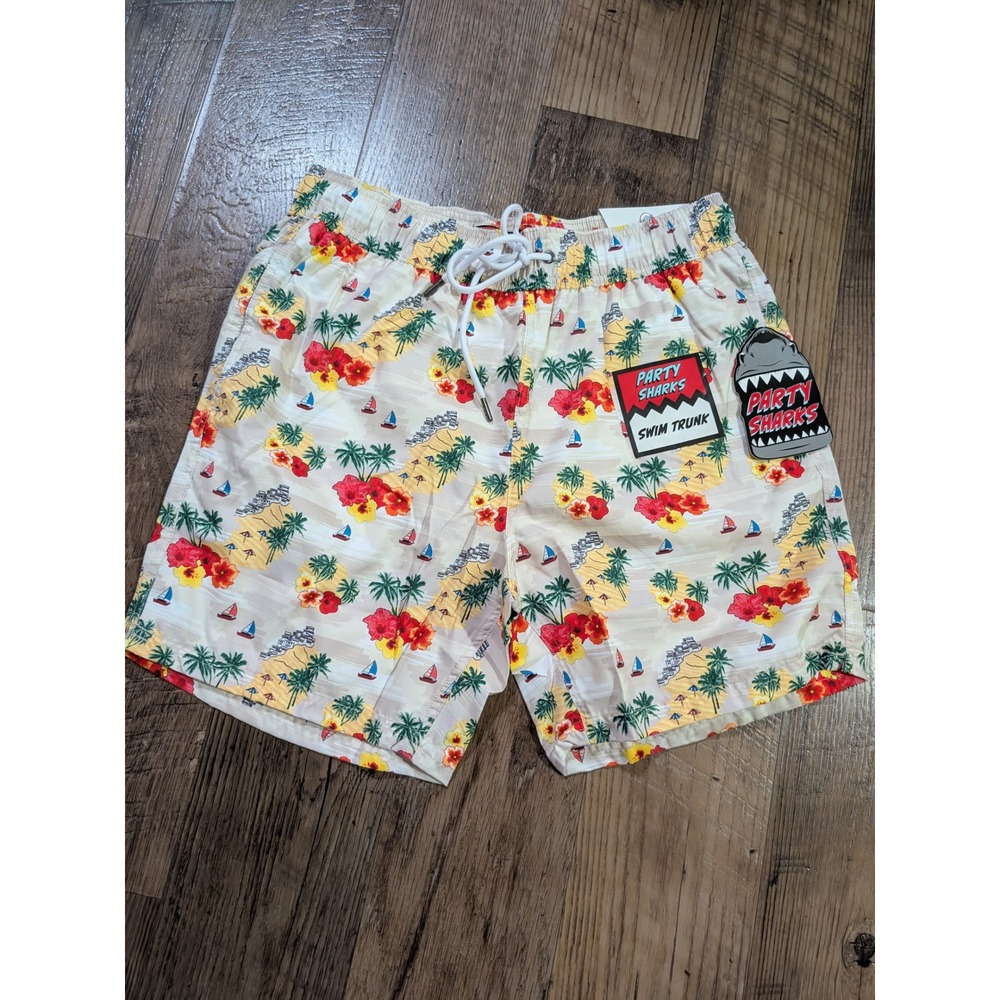Party Sharks Swim Trunks Mens Medium Wheat NWT Floral Coast Tropical 6.5" Inseam